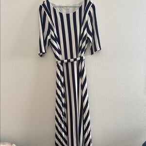 Boden Navy and White Striped Belted Maxi Dress